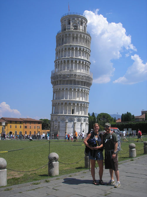 In front of the Leaning Tower of Pisa.